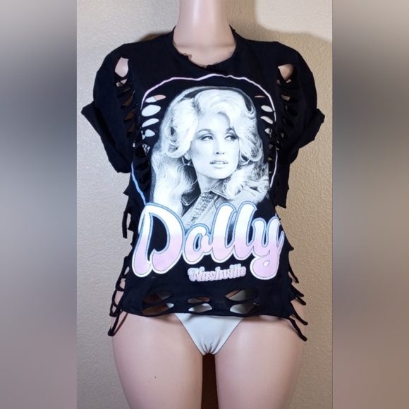Black Custom Distressed Dolly Parton Graphic Tee - Picture 2 of 3